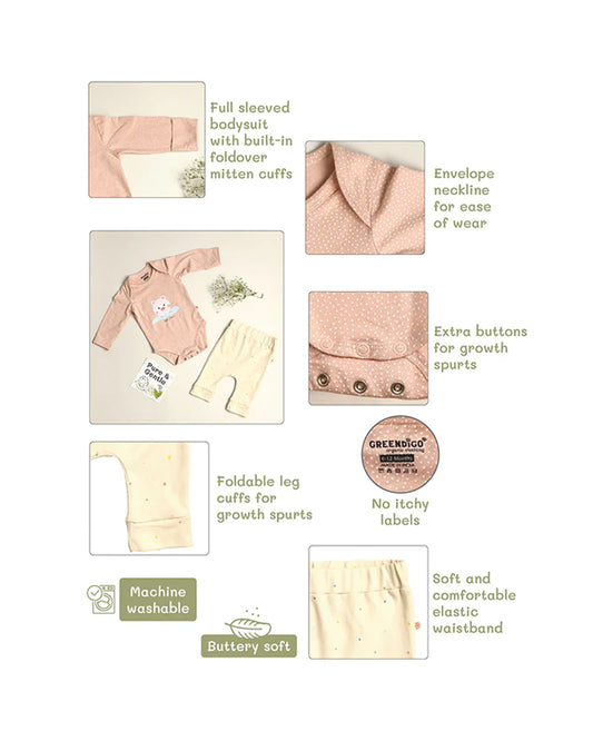 Greendigo Peach & Off White Bodysuit Set-Piggy Splash-100% GOTS Certified Organic Cotton-For Infants