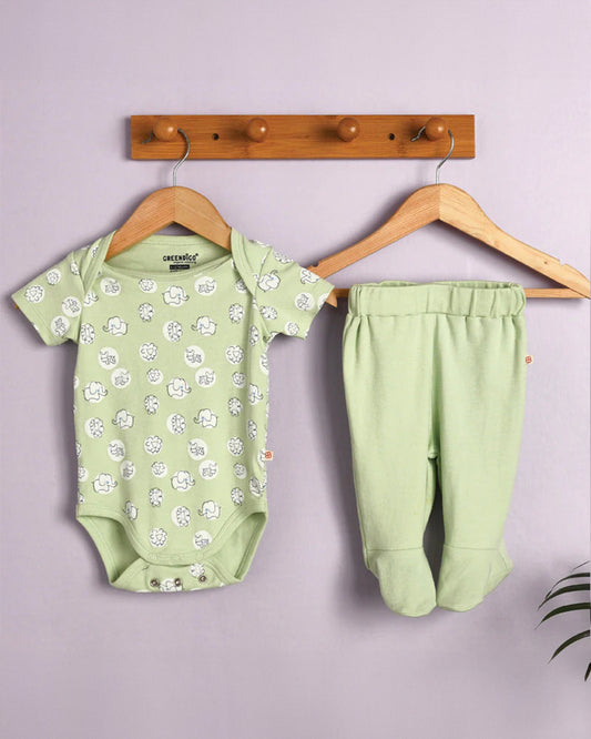 Greendigo Pastel Green Bodysuit Set-Jungle Safari-100% GOTS Certified Organic Cotton-For Infants