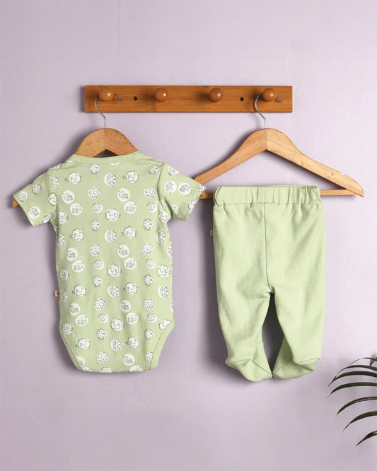 Greendigo Pastel Green Bodysuit Set-Jungle Safari-100% GOTS Certified Organic Cotton-For Infants