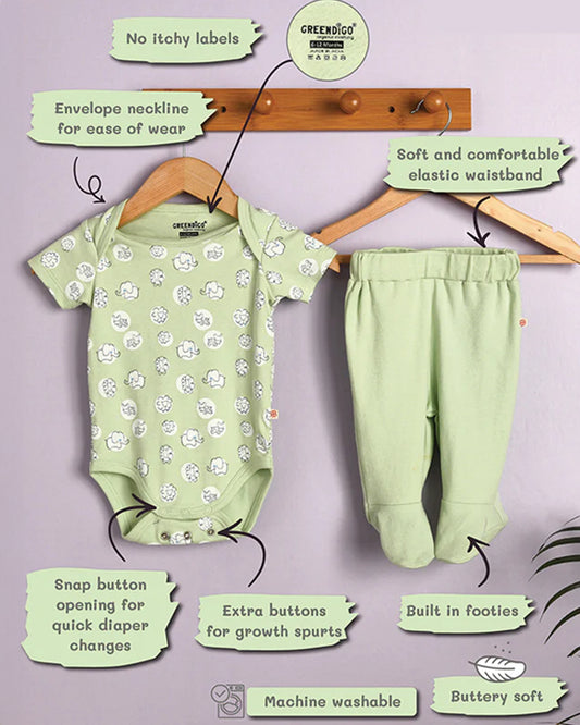 Greendigo Pastel Green Bodysuit Set-Jungle Safari-100% GOTS Certified Organic Cotton-For Infants