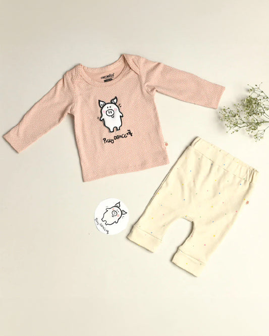 Greendigo Off White & Pastel Pink Coord set-100% GOTS Certified Organic Cotton-For Infants