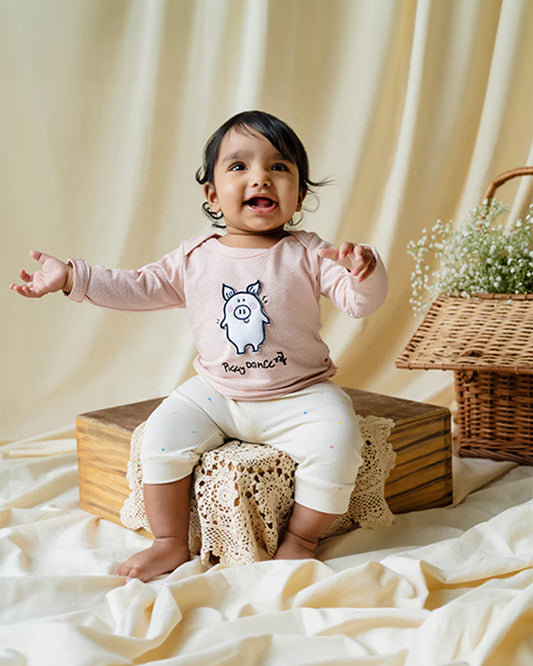 Greendigo Off White & Pastel Pink Coord set-100% GOTS Certified Organic Cotton-For Infants