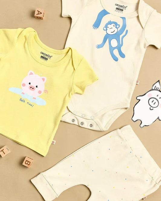 Greendigo Yellow & Off White Coord Set-with Bodysuit-100% GOTS Certified Organic Cotton-For Infants