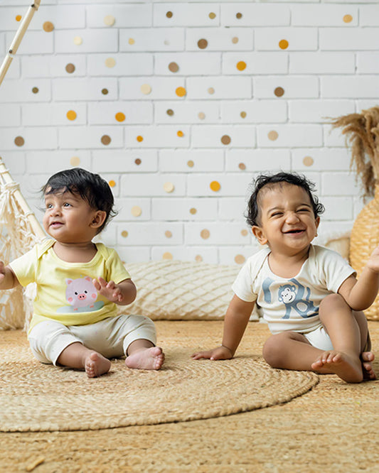 Greendigo Yellow & Off White Coord Set-with Bodysuit-100% GOTS Certified Organic Cotton-For Infants