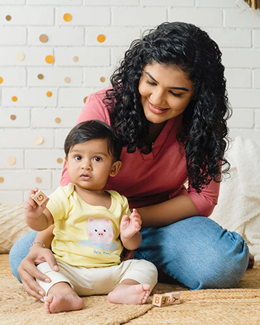 Greendigo Yellow & Off White Coord Set-with Bodysuit-100% GOTS Certified Organic Cotton-For Infants