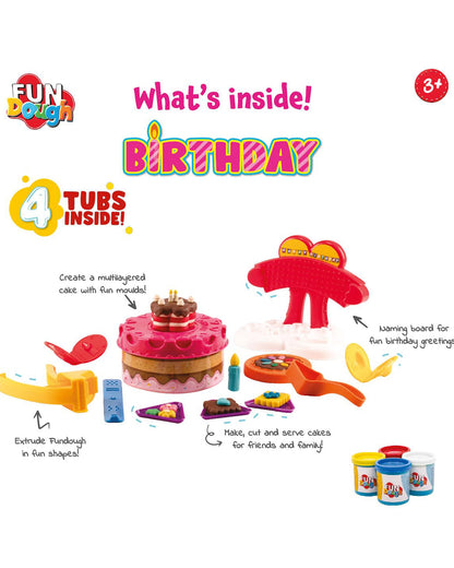 Funskool Fundough Dough Birthday Party-With Extruder, 4 Clay Tubs & Clay Moulds-Art & Craft Kit-18M+