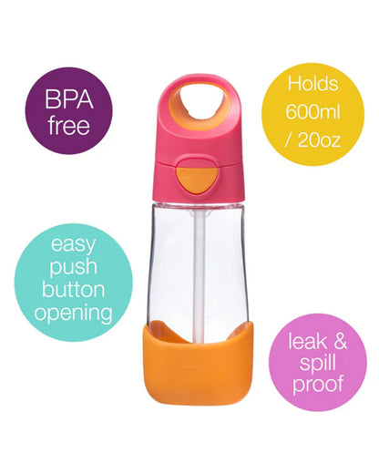 b.box Tritan Straw Sipper-With Easy to Hold Handle-Spill Proof Push Button Lid & Ergonomic Triangular Shape-Strawberry Shake-600 ml