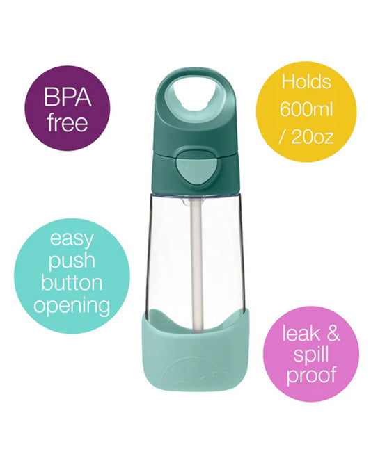 b.box Tritan Straw Sipper-With Easy to Hold Handle-Spill Proof Push Button Lid & Ergonomic Triangular Shape-Emerald Forest-600 ml