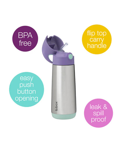 b.box Stainless Steel Straw Sipper-Double Wall Insulated-With Easy to Hold Handle-Spill Proof Push Button Lid-Lilac Pop