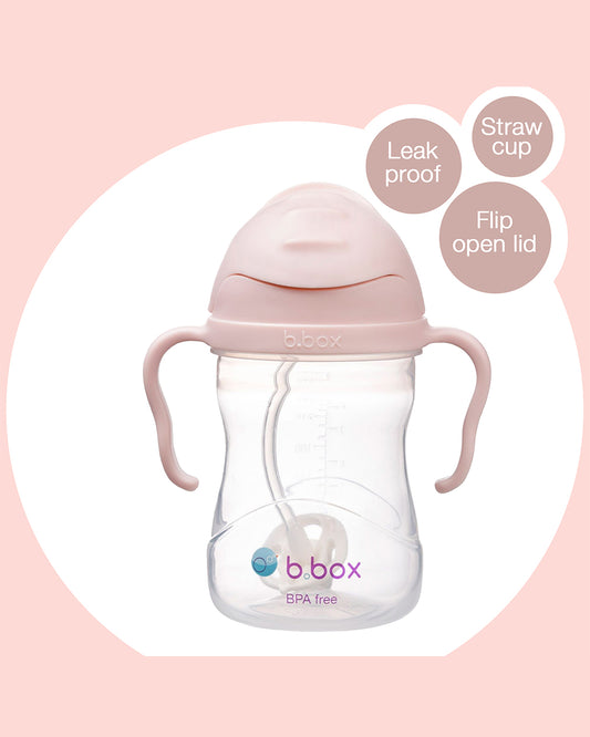 b.box Straw Sippy Cup-With Weighted Straw & Easy Grip Handles-Flip Top Lid-Blush Pink-240 ml