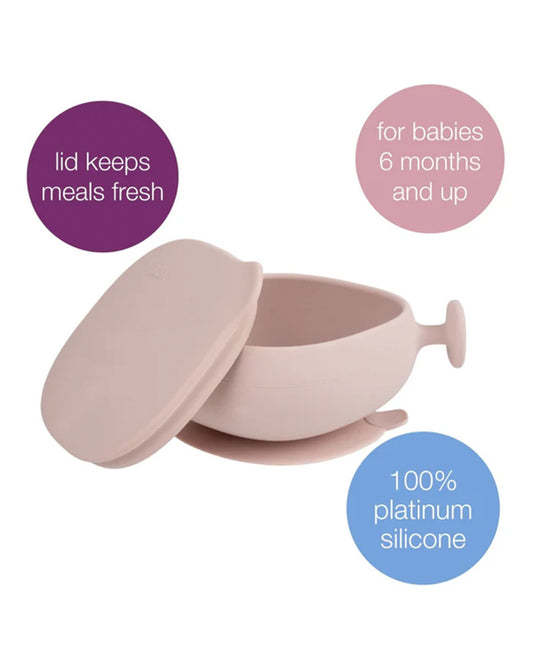 b.box Silicone Bowl with Lid-Non Slip Suction Base-Unique Handle Design-Blush Pink-For Feeding Infants
