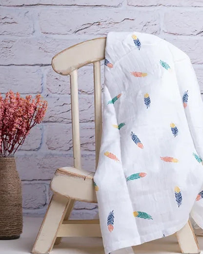 BeeLittle Baby Bath Towel-100% Organic Muslin Cotton-Fancy Feathers