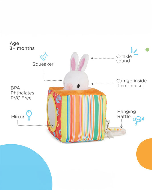 nuluv Bunny Cube Soft Toy-Crinkle Ear Sound, Mirror & Rattle-Sensory Activity Cube-Plush Cuddly Toy For Newborn