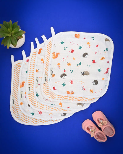 nuluv Bamboo Cotton Burp Cloths & Wash Cloths Combo Set-Comfortable & Breathable-Yellow Squirrel-For Infants
