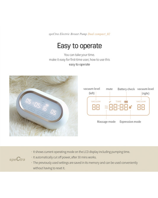 Spectra Dual Compact Synergy Gold Rechargeable Double Electric Breast Pump-Independent Control for each Breast-Simulates Natural Suckling-Touch LCD with Timer Control & Mute Mode-Close System-Backflow Protection-Milk Expression Pump