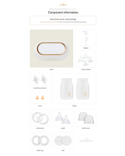 Spectra Dual Compact Synergy Gold Rechargeable Double Electric Breast Pump-Independent Control for each Breast-Simulates Natural Suckling-Touch LCD with Timer Control & Mute Mode-Close System-Backflow Protection-Milk Expression Pump