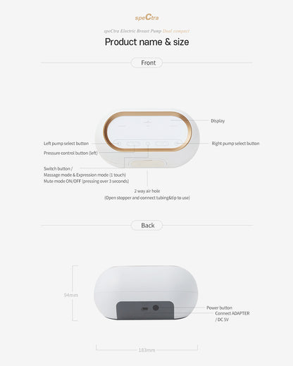 Spectra Dual Compact Synergy Gold Rechargeable Double Electric Breast Pump-Independent Control for each Breast-Simulates Natural Suckling-Touch LCD with Timer Control & Mute Mode-Close System-Backflow Protection-Milk Expression Pump