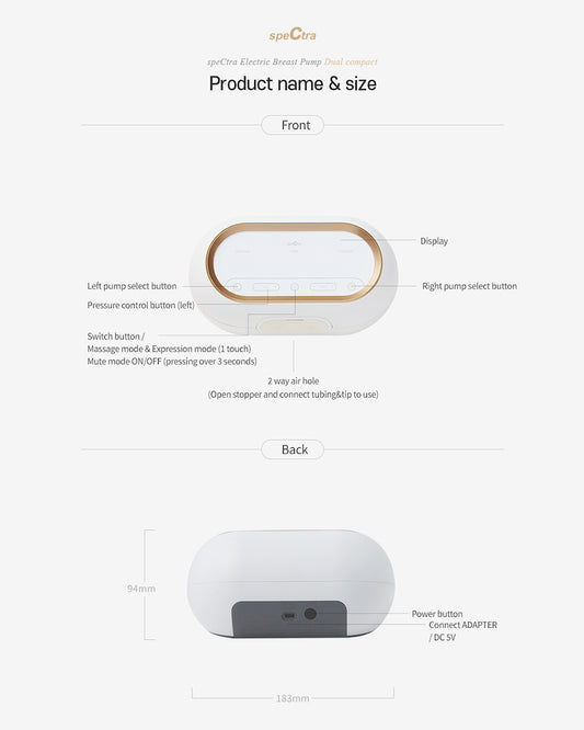 Spectra Dual Compact Synergy Gold Rechargeable Double Electric Breast Pump-Independent Control for each Breast-Simulates Natural Suckling-Touch LCD with Timer Control & Mute Mode-Close System-Backflow Protection-Milk Expression Pump