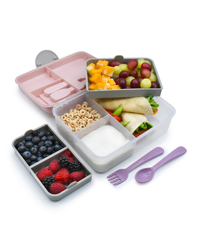 Melii 2 Tier Bento Lunch Box-With 6 Compartments & Removable Top Tier-Kid Friendly Lid-Includes Spoon & Fork-Pink Purple Grey-For Feeding Infants