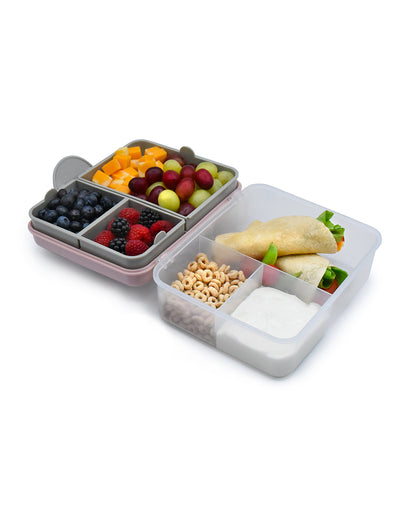 Melii 2 Tier Bento Lunch Box-With 6 Compartments & Removable Top Tier-Kid Friendly Lid-Includes Spoon & Fork-Pink Purple Grey-For Feeding Infants