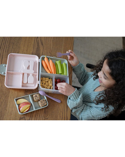 Melii 2 Tier Bento Lunch Box-With 6 Compartments & Removable Top Tier-Kid Friendly Lid-Includes Spoon & Fork-Pink Purple Grey-For Feeding Infants