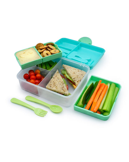 Melii 2 Tier Bento Lunch Box-With 6 Compartments & Removable Top Tier-Kid Friendly Lid-Includes Spoon & Fork-Blue Mint Lime-For Feeding Infants