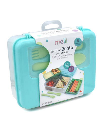 Melii 2 Tier Bento Lunch Box-With 6 Compartments & Removable Top Tier-Kid Friendly Lid-Includes Spoon & Fork-Blue Mint Lime-For Feeding Infants