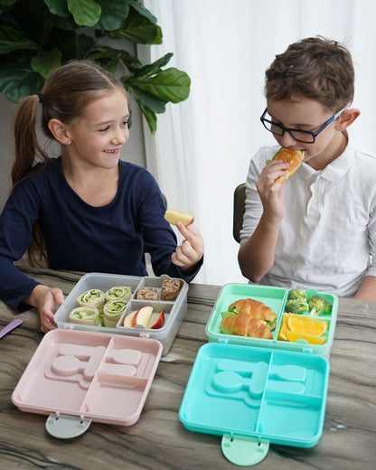 Melii 2 Tier Bento Lunch Box-With 6 Compartments & Removable Top Tier-Kid Friendly Lid-Includes Spoon & Fork-Blue Mint Lime-For Feeding Infants