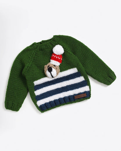 The Original Knit Green Winter Wear Sweater-Embroidered Handmade-High Quality Yarn-For Infants