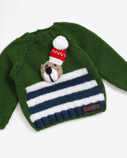 The Original Knit Green Winter Wear Sweater-Embroidered Handmade-High Quality Yarn-For Infants