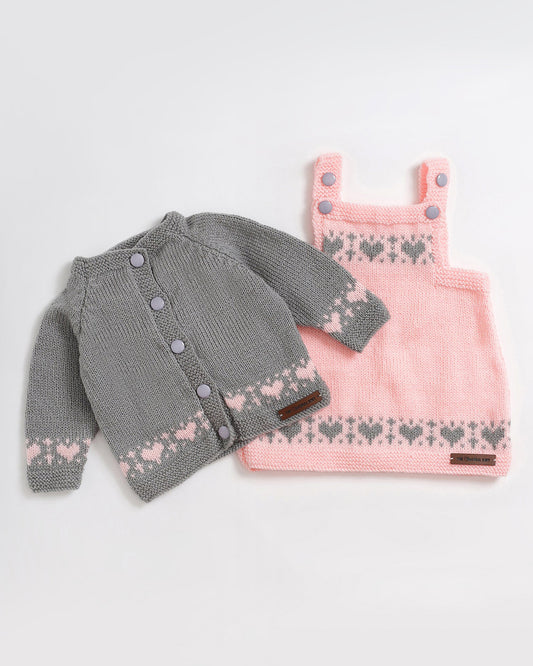 The Original Knit Grey & Pink Winter Wear Sweater With Dress-Embroidered Handmade-High Quality Yarn-For Infants