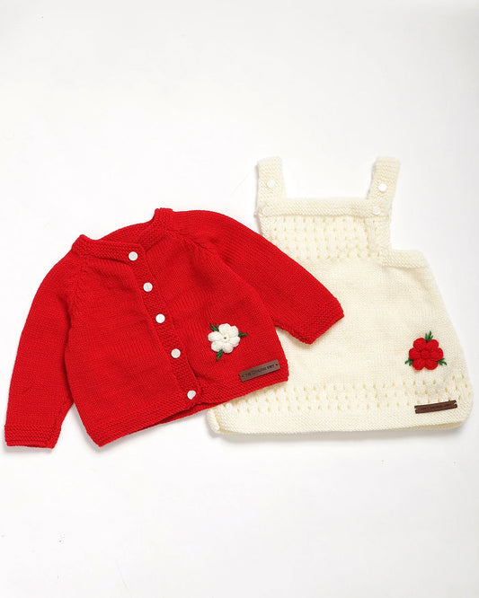 The Original Knit Red & White Winter Wear Sweater With Dress-Embroidered Handmade-High Quality Yarn-For Infants