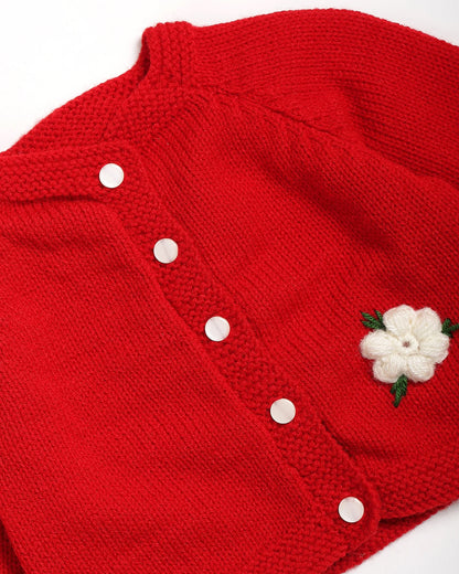 The Original Knit Red & White Winter Wear Sweater With Dress-Embroidered Handmade-High Quality Yarn-For Infants