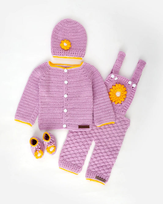 The Original Knit Purple Winter Wear Dungaree Set-Embroidered Handmade-High Quality Yarn-For Infants