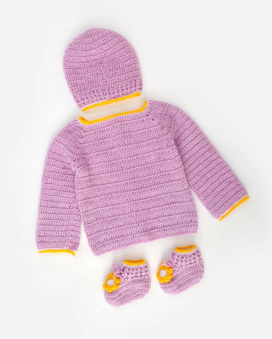 The Original Knit Purple Winter Wear Dungaree Set-Embroidered Handmade-High Quality Yarn-For Infants