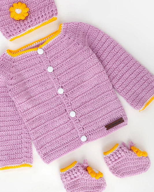 The Original Knit Purple Winter Wear Dungaree Set-Embroidered Handmade-High Quality Yarn-For Infants