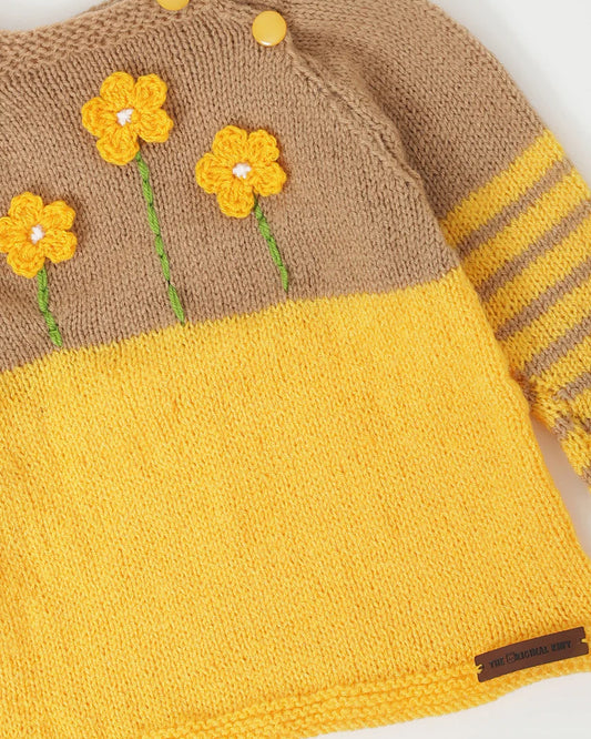 The Original Knit Beige & Yellow Winter Wear Sweater-Embroidered Handmade-High Quality Yarn-For Infants