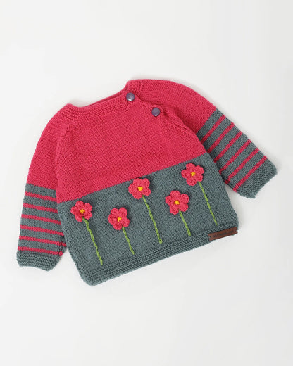 The Original Knit Cranberry & Grey Winter Wear Sweater-Embroidered Handmade-High Quality Yarn-For Infants