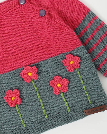 The Original Knit Cranberry & Grey Winter Wear Sweater-Embroidered Handmade-High Quality Yarn-For Infants