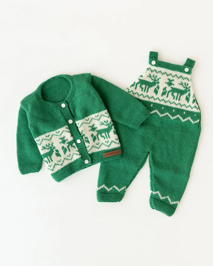 The Original Knit Green Winter Wear Dungaree Set With Cap & Mittens Set-Embroidered Handmade-High Quality Yarn-For Infants