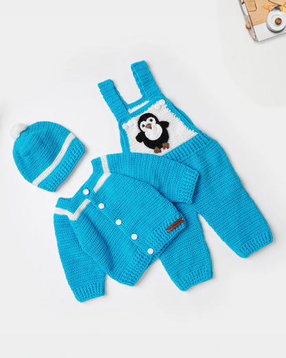 The Original Knit Blue Winter Wear Dungaree Set With Cap-Embroidered Handmade-High Quality Yarn-For Infants