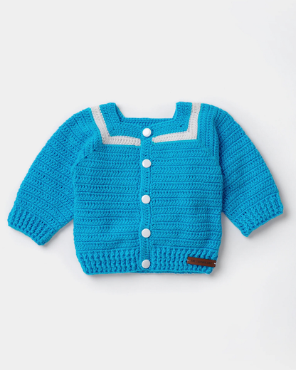 The Original Knit Blue Winter Wear Dungaree Set With Cap-Embroidered Handmade-High Quality Yarn-For Infants