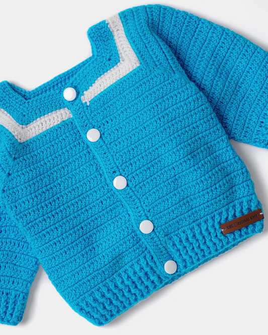 The Original Knit Blue Winter Wear Dungaree Set With Cap-Embroidered Handmade-High Quality Yarn-For Infants