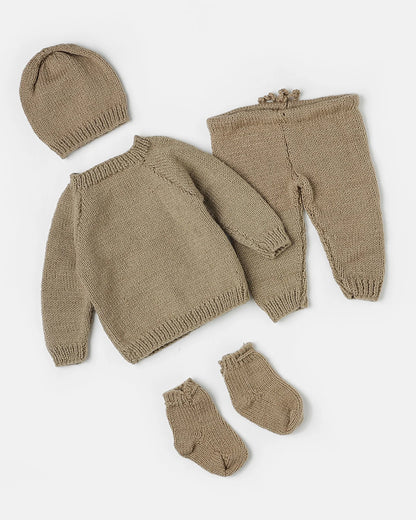 The Original Knit Beige Winter Wear Sweater Set With Cap & Booties Set-Embroidered Handmade-High Quality Yarn-For Infants