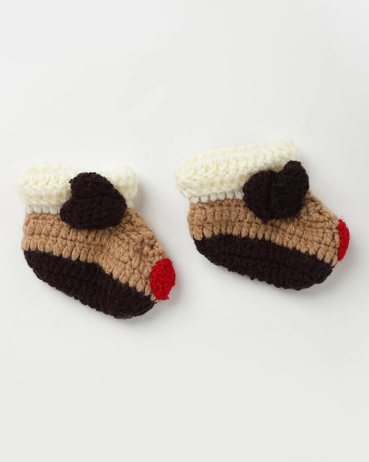 The Original Knit Beige & White Winter Wear Booties-Embroidered Handmade-High Quality Yarn-For Infants