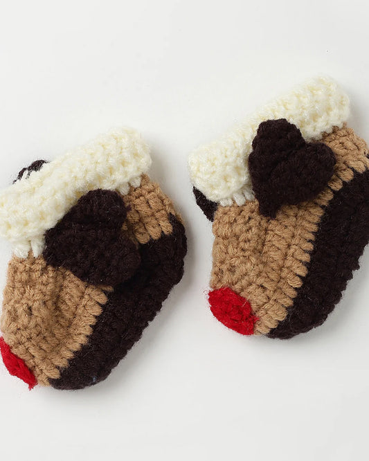 The Original Knit Beige & White Winter Wear Booties-Embroidered Handmade-High Quality Yarn-For Infants