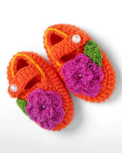 The Original Knit Orange Winter Wear Booties-Embroidered Handmade-High Quality Yarn-For Infants