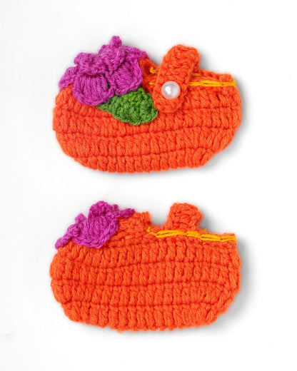 The Original Knit Orange Winter Wear Booties-Embroidered Handmade-High Quality Yarn-For Infants