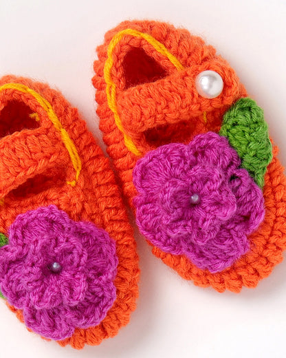 The Original Knit Orange Winter Wear Booties-Embroidered Handmade-High Quality Yarn-For Infants