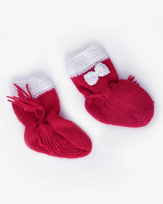 The Original Knit Cranberry & White Winter Wear Booties-Embroidered Handmade-High Quality Yarn-For Infants